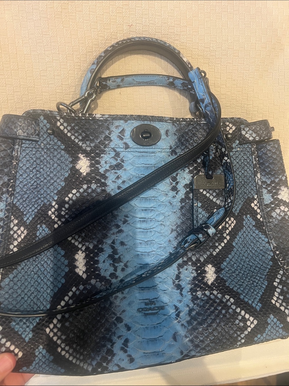 Coach Blue and Black Snake-Print Top-Handle Satchel